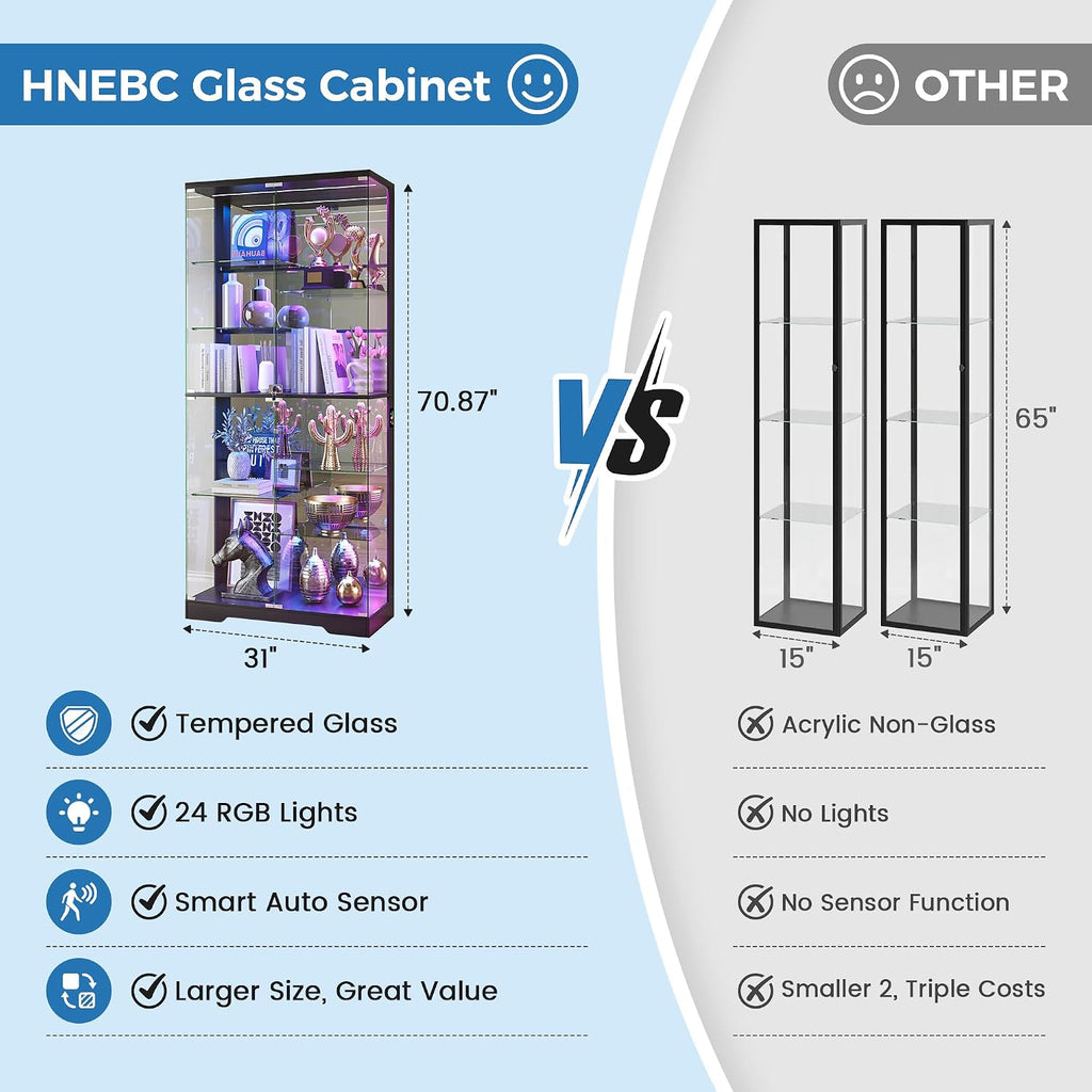 Lockable Display Cabinet with Glass Doors and RGB Lights - Black | 71" Tall; 10-Tiers Shelves; Pop-Up Tempered Glass;