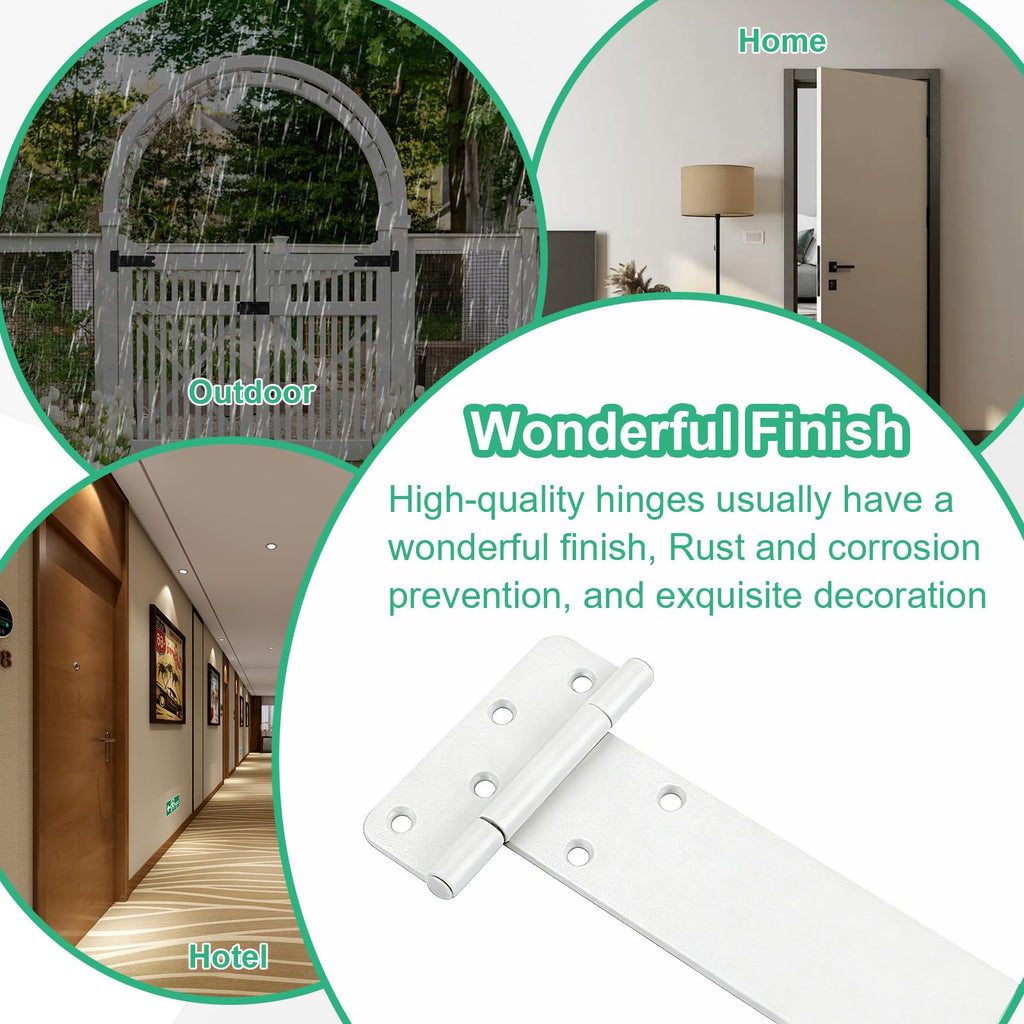 8 inch Gate Hinges, 300 Lbs Capacity, Matte White Hinges, 6 Pack Heavy Duty Door Hinge, T-Strap Shed Gate