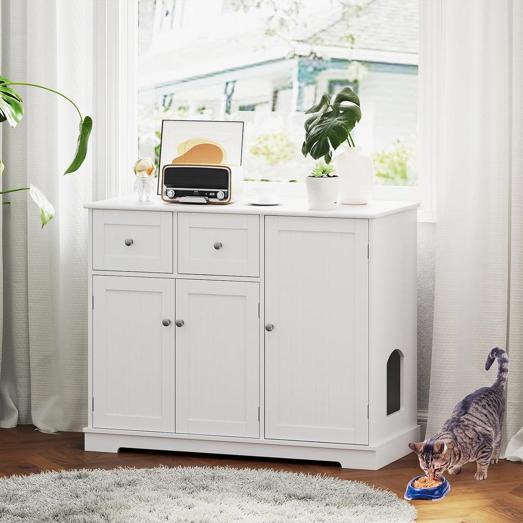 Litter Box Enclosure, 40 Inch Enclosed Cat Box Cabinet with 2 Storage Drawers, 3 Doors & 2 Entrances, Hidden Cat
