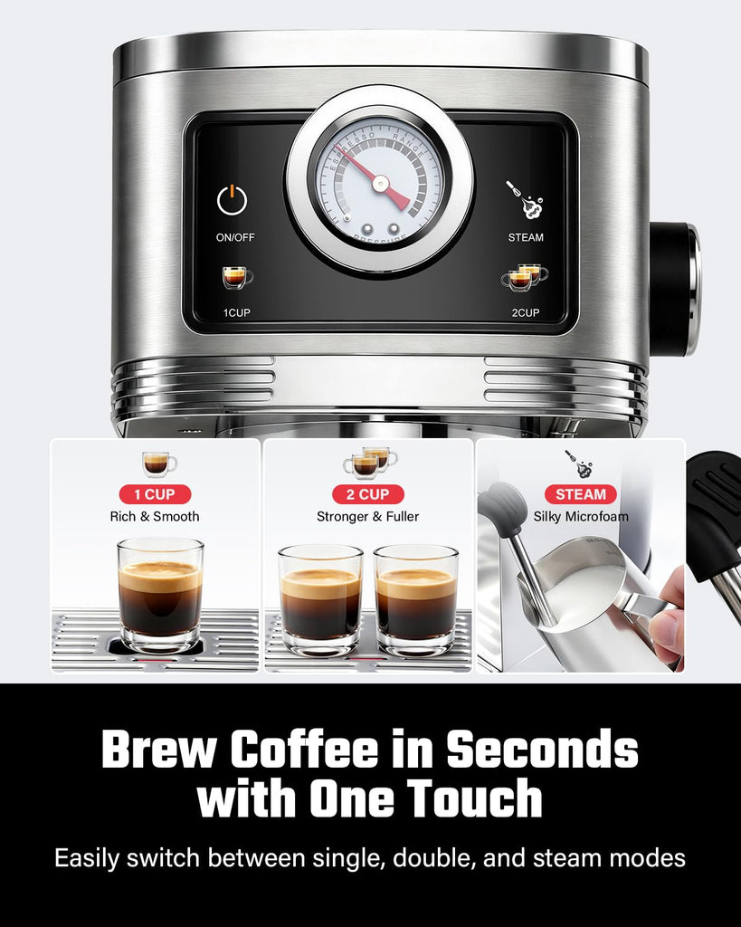 Espresso Coffee Machine 20 Bar with Milk Frother, Stainless Steel