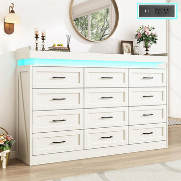 71" Wide 46" Tall Large Farmhouse 12 Drawers with LED Light and Power Outlets, Wood Rustic 12 Chests of Drawers for