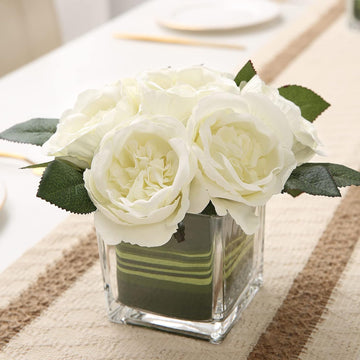 Artificial Peony Silk Flower Centerpieces Faux Floral Arrangement in Glass Vase Wedding Table Decoration (Cream)