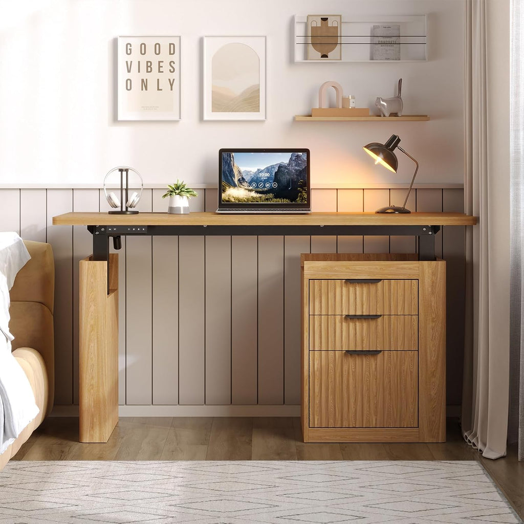 55" Electric Standing Desk with File Cabinet & Storage, Oak Brown | Height Adjustable Computer Desk with 3 Drawers