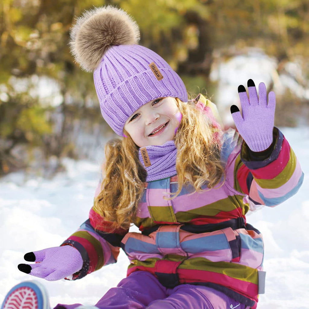 Kids Winter Hats Gloves Scarf Set Touchscreen Glove With Removable Pompom Fleece Lined Toddler Beanie Hat for Boy Girl