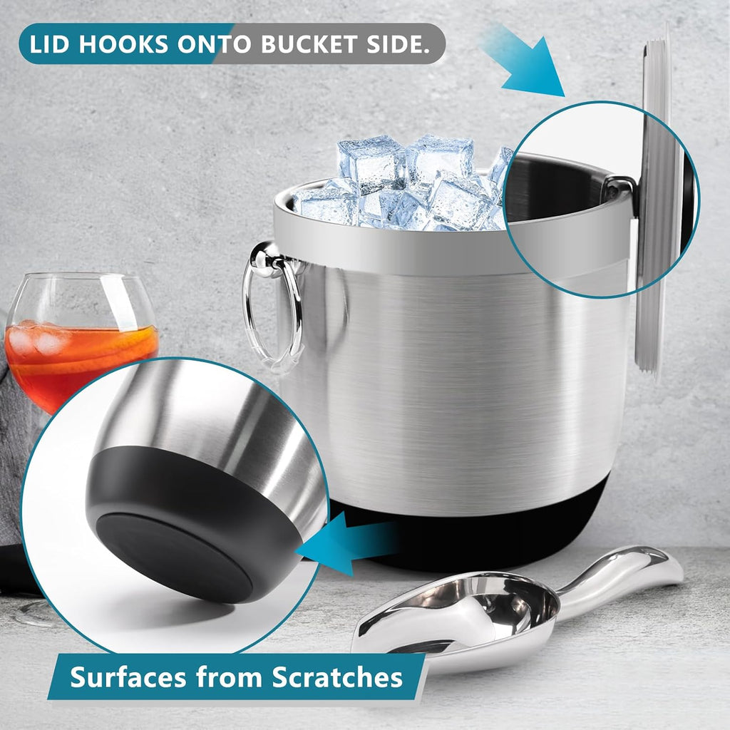 Double-Wall Stainless Steel Insulated Ice Bucket With Lid & Ice Tong [3 Liter] Included Strainer Keeps Ice Cold &