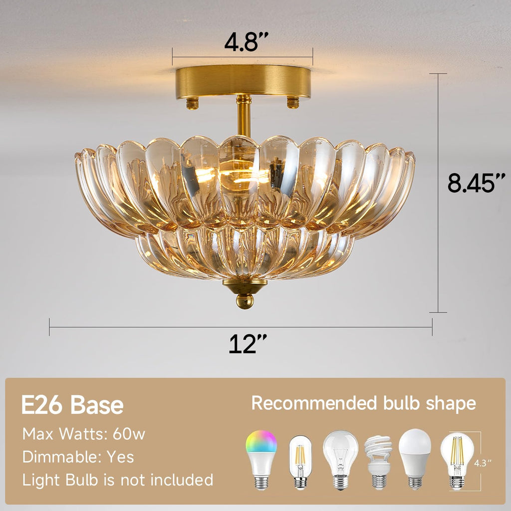 Semi Flush Mount Ceiling Light Fixture, 12" Vintage Gold Ceiling Light with Amber Glass Shade, 3-Light Close to