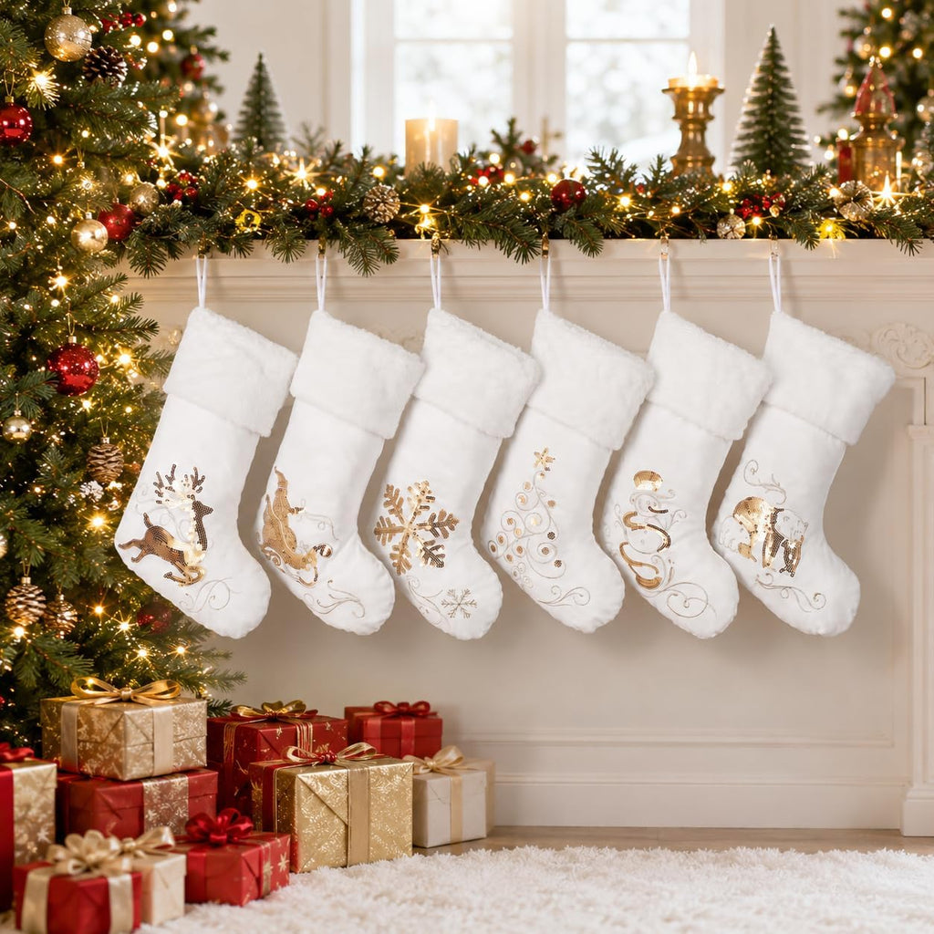 Large White Velvet Christmas Stockings Set of 6 with Gold Embroidery