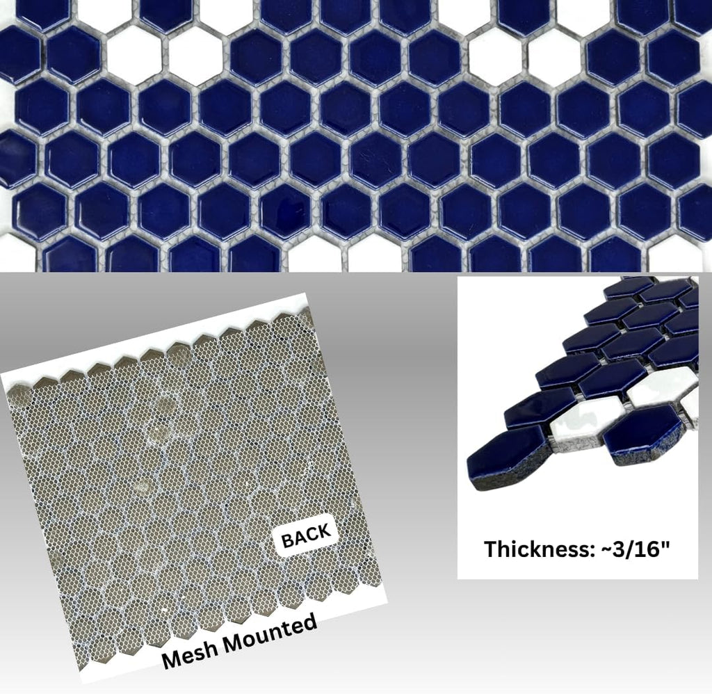 Hexagon Glossy Cobalt Blue with White Flower Pattern Porcelain Mosaic Tile - Wall & Floor Tile for Backsplash