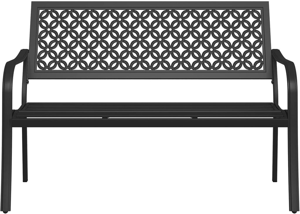 50" Outdoor Bench, Garden Bench with Armrests, Black | Anti-Rust Metal Powder Coated Frame, Patio Bench for Front
