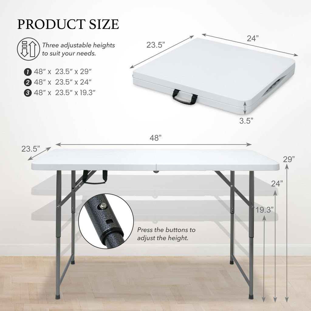 4 Foot Portable Plastic Folding Table 4FT 48" Half Foldable Heavy Duty Top w/Carry Handle - Indoor Outdoor Backyard