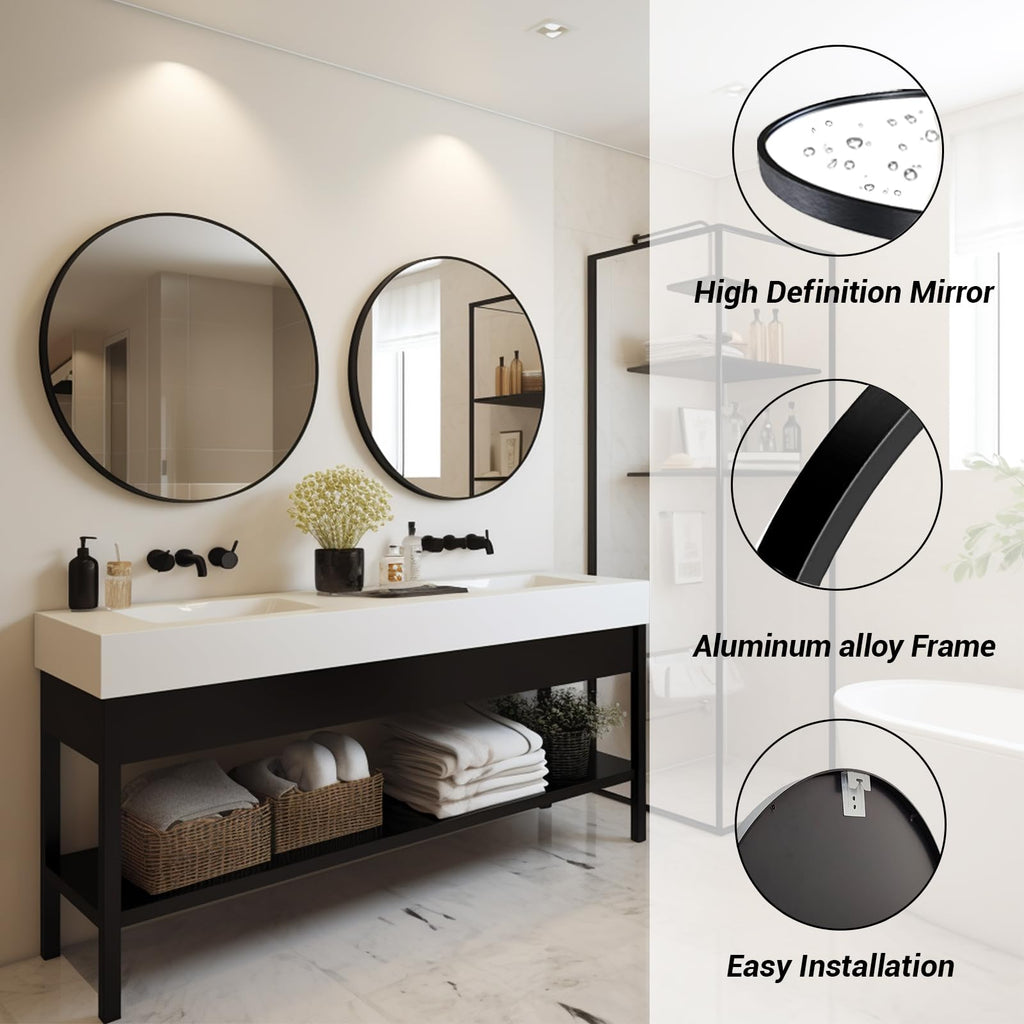 Circle Mirror 20 inch, Black Round Mirror, Matte Black Metal Frame