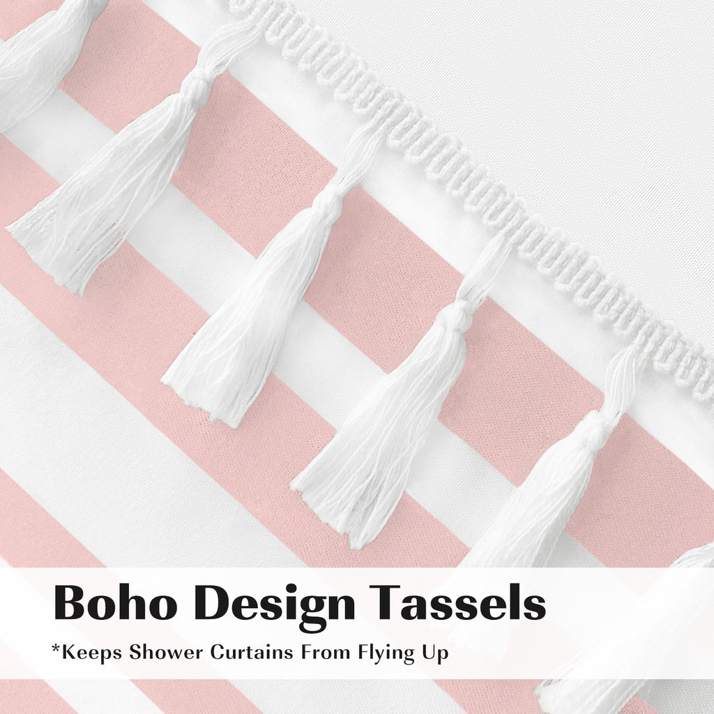 Pink Tassel White Fabric Long Decor, Striped Shower Curtains, 84 Inch Shower Curtains Waterproof 72 x 84