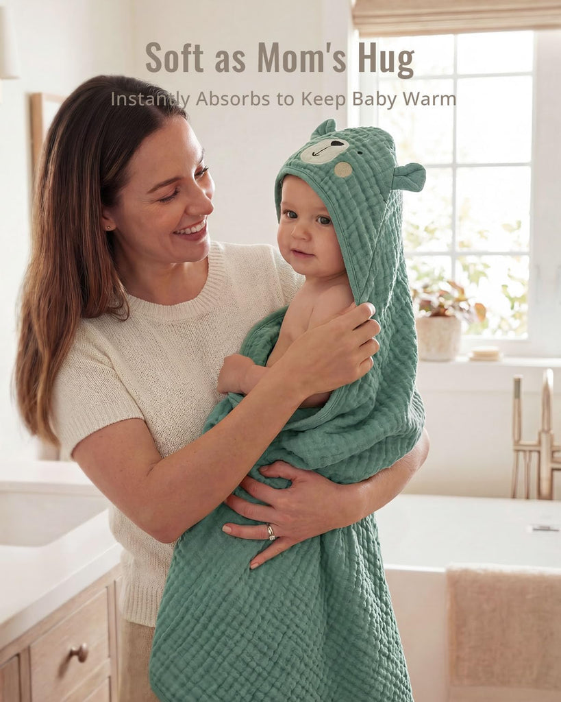 Muslin Baby Hooded Towel 2 Pack, Soft & Absorbent Bath Towel for Infant, Toddler, Unisex, Baby Gift, Newborn