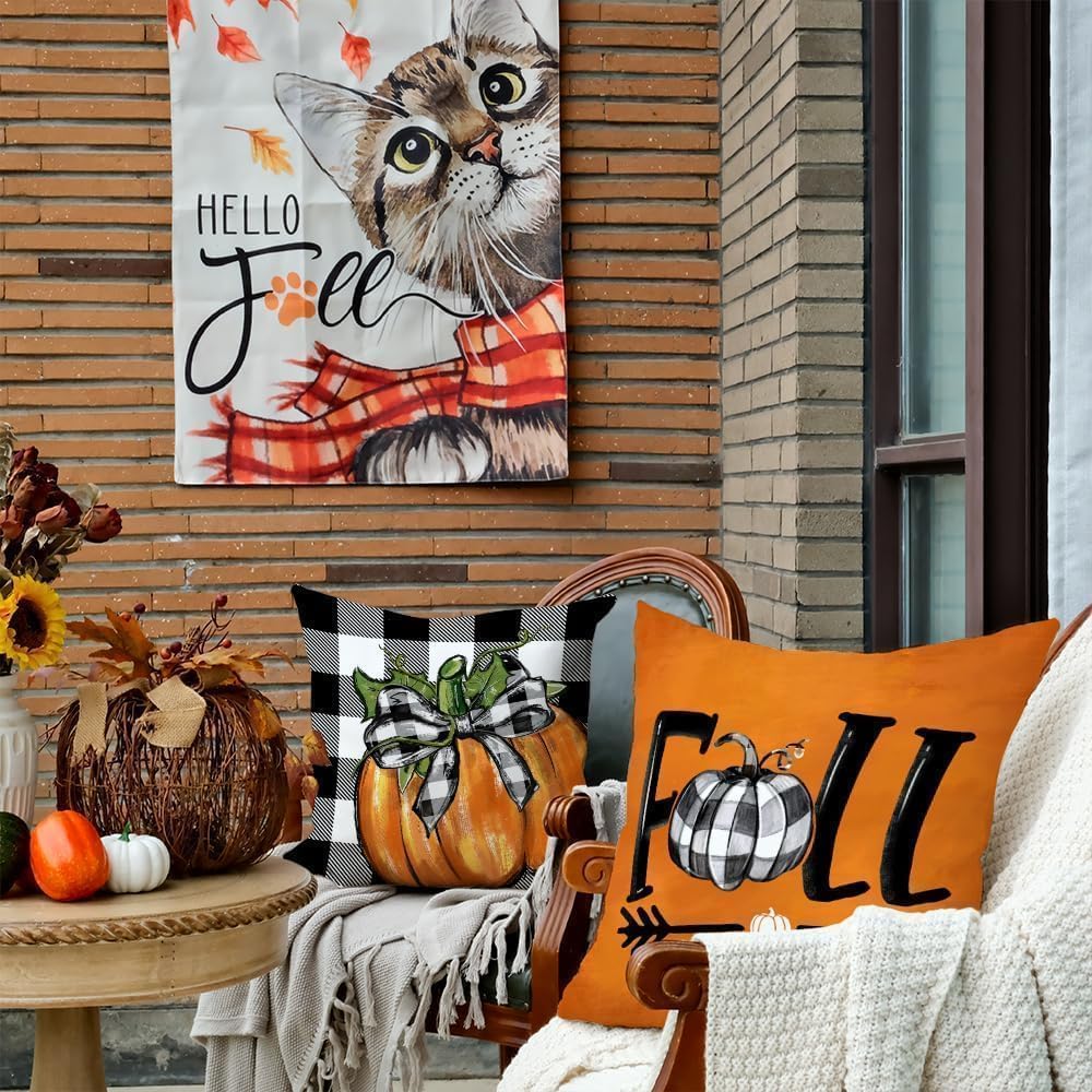 Fall Buffalo Plaid Pumpkin Throw Pillow Covers 18 x 18 Inch - Set of 4