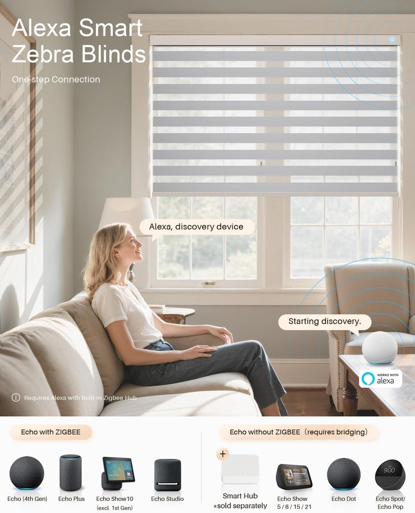 Smart Zebra Blinds for Windows, Works with Alexa, 20" W x 72" H, Black