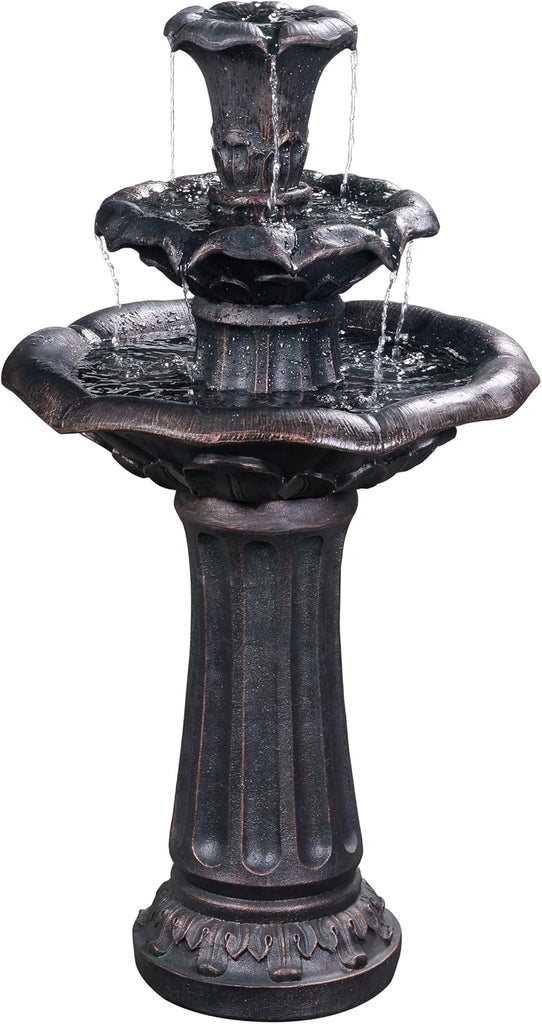 Lily Flower Floor Pedestal 3 Tiered Floor Waterfall Fountain with Pump Patio Garden Backyard Decking, 38 Inch Height