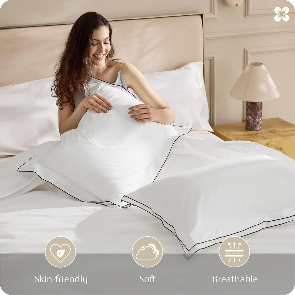 100% Cotton Percale Duvet Cover King, Breathable for Hot Sleepers | Hotel-Style Leaf Edge White Comforter Cover