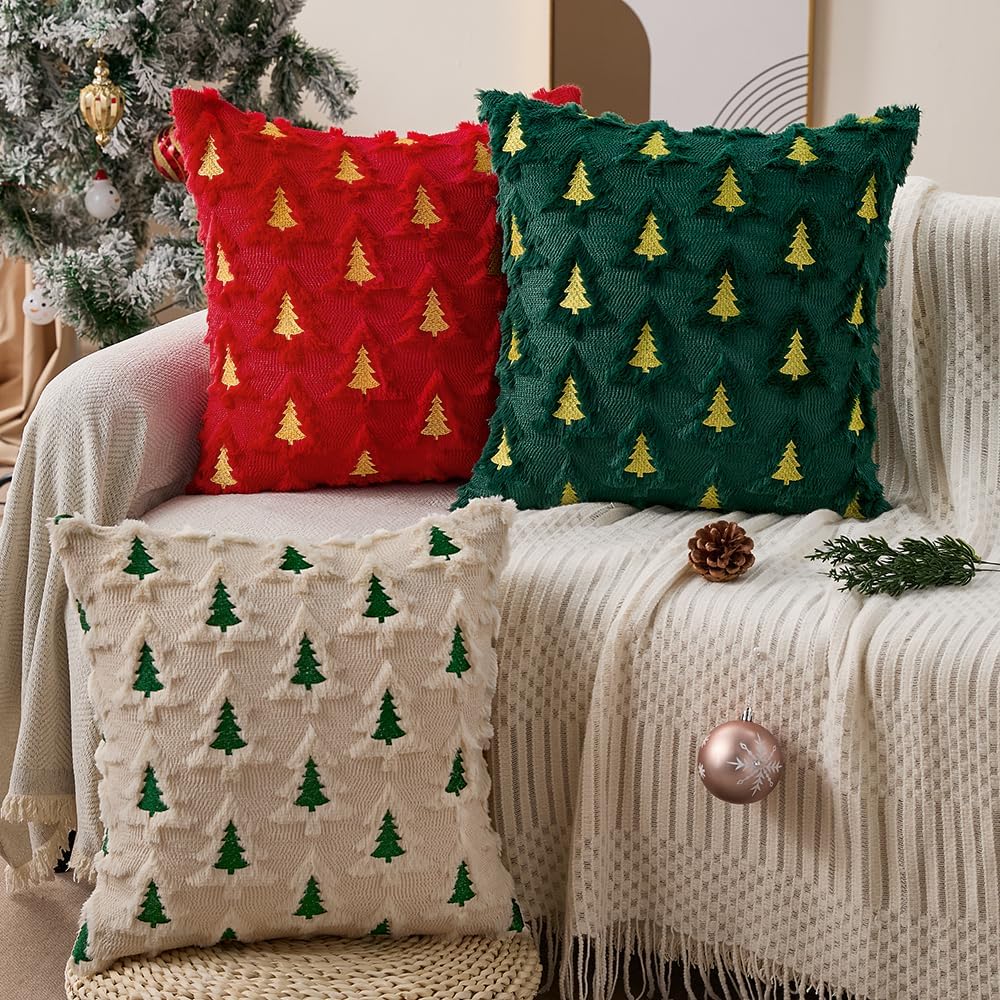 Christmas Pillow Covers 18x18 Beige Double Xmas Tree Pillow Covers Soft Plush Faux Fur Christmas Decorations - Set of 2