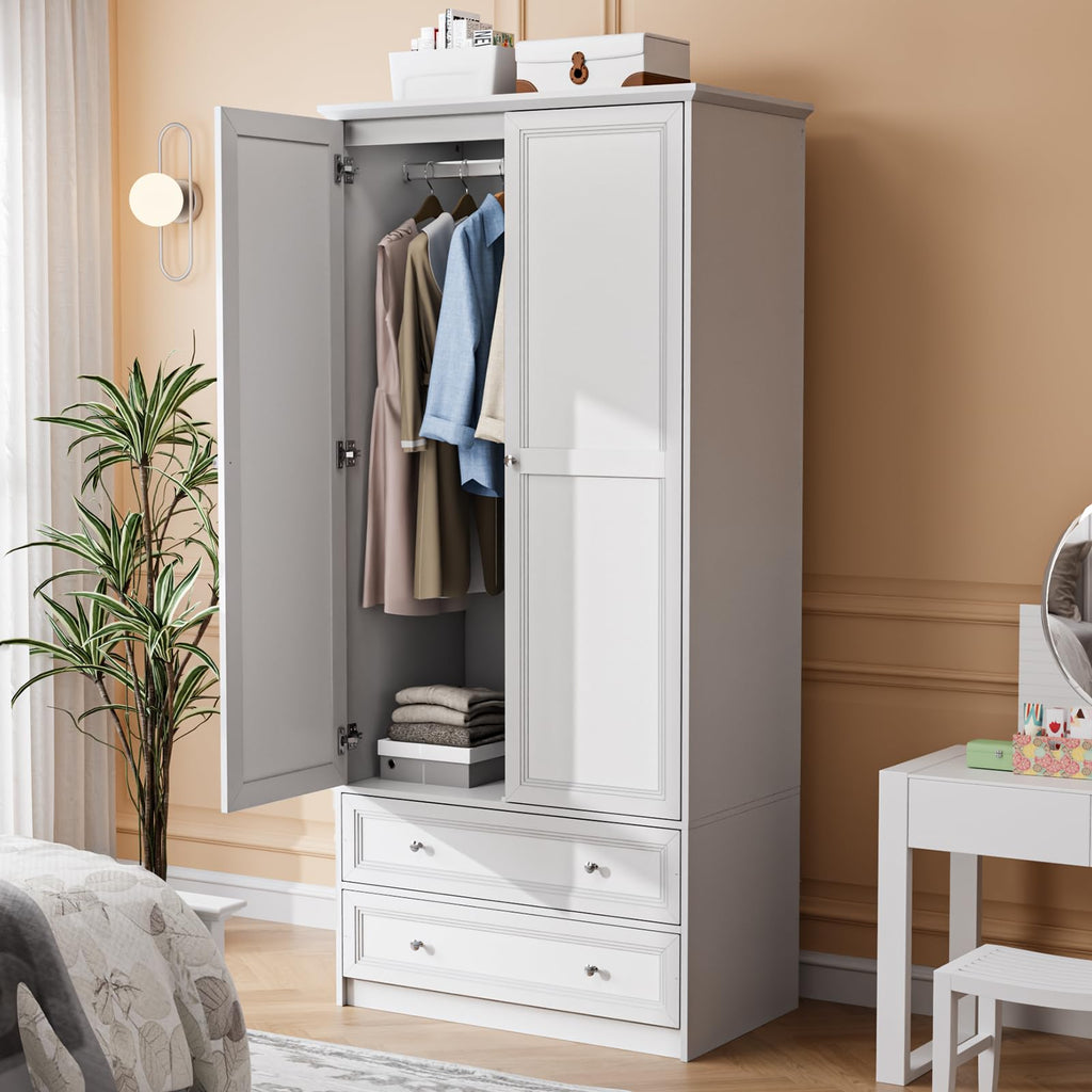 72" Wooden Armoire Wardrobe Closet with 2 Doors and 2 Drawers, White