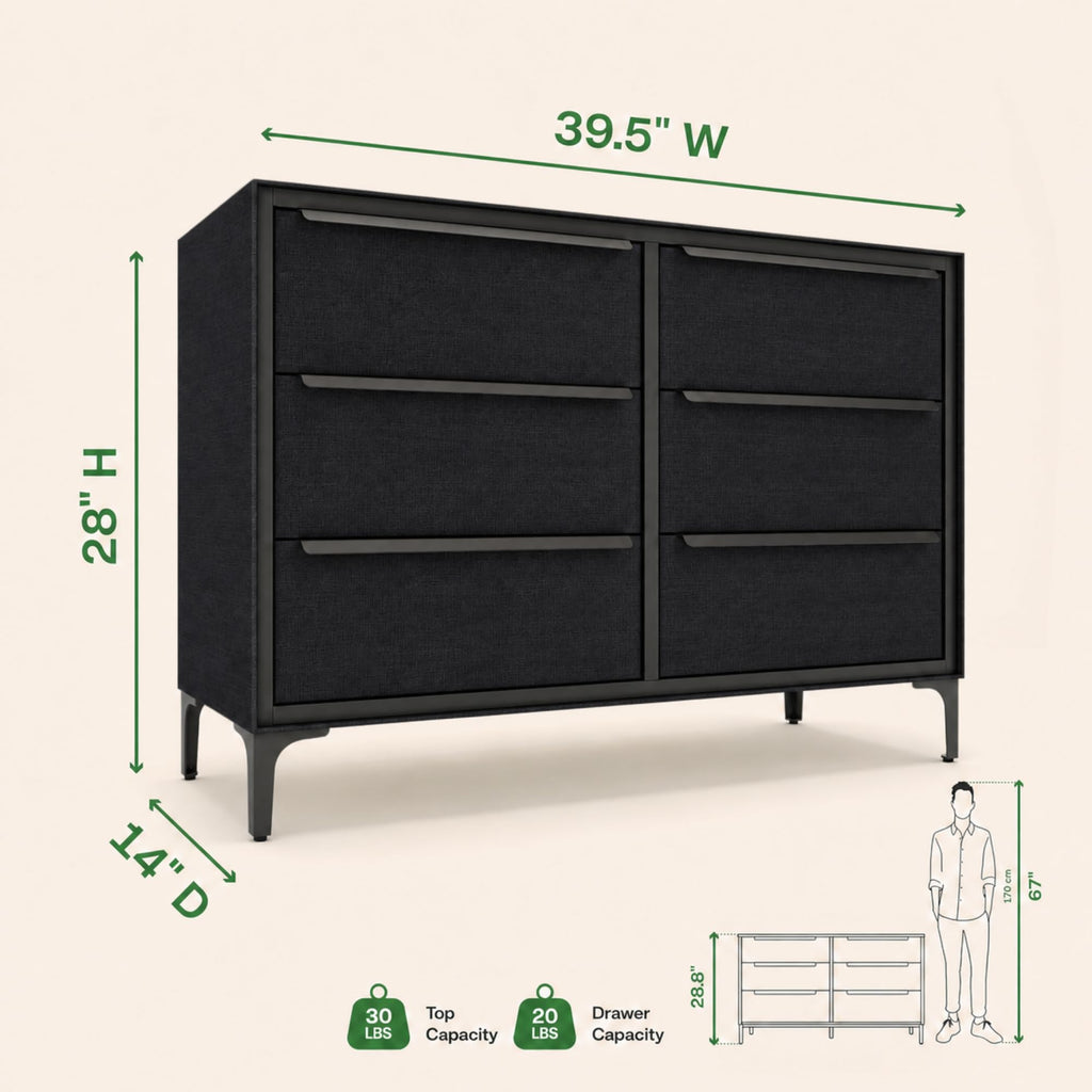 Naima 6-Drawer Premium Fabric Dresser, Waterproof, Black