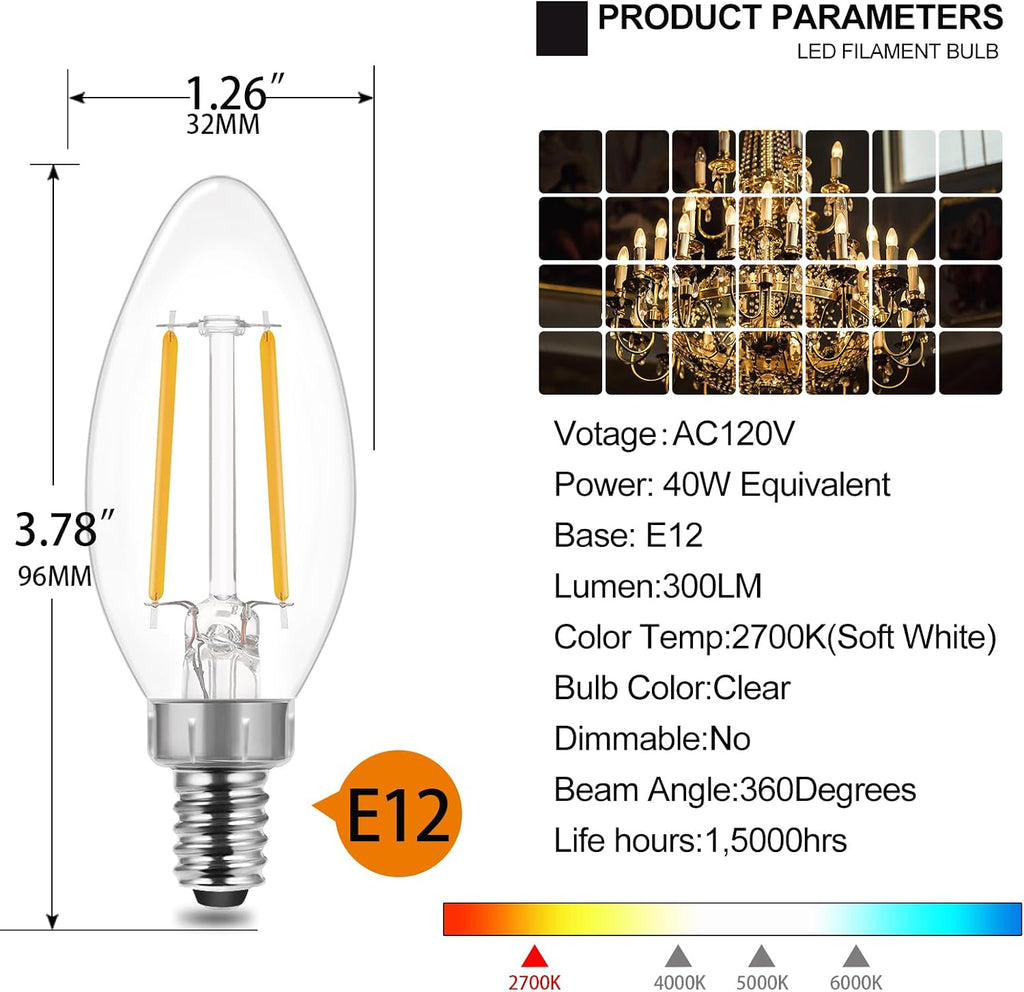 Energetic E12 B10 LED Classic Candelabra Clear Light Bulb, 40 Watt Equivalent, Soft White 2700K, Filament Clear