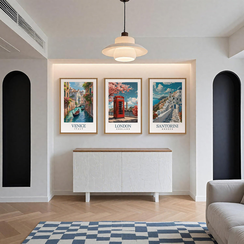 Italy Coast Wall Art Framed, Blue Europe Cityscape Italian Wall Decor set of 3 , Venice London Santorini