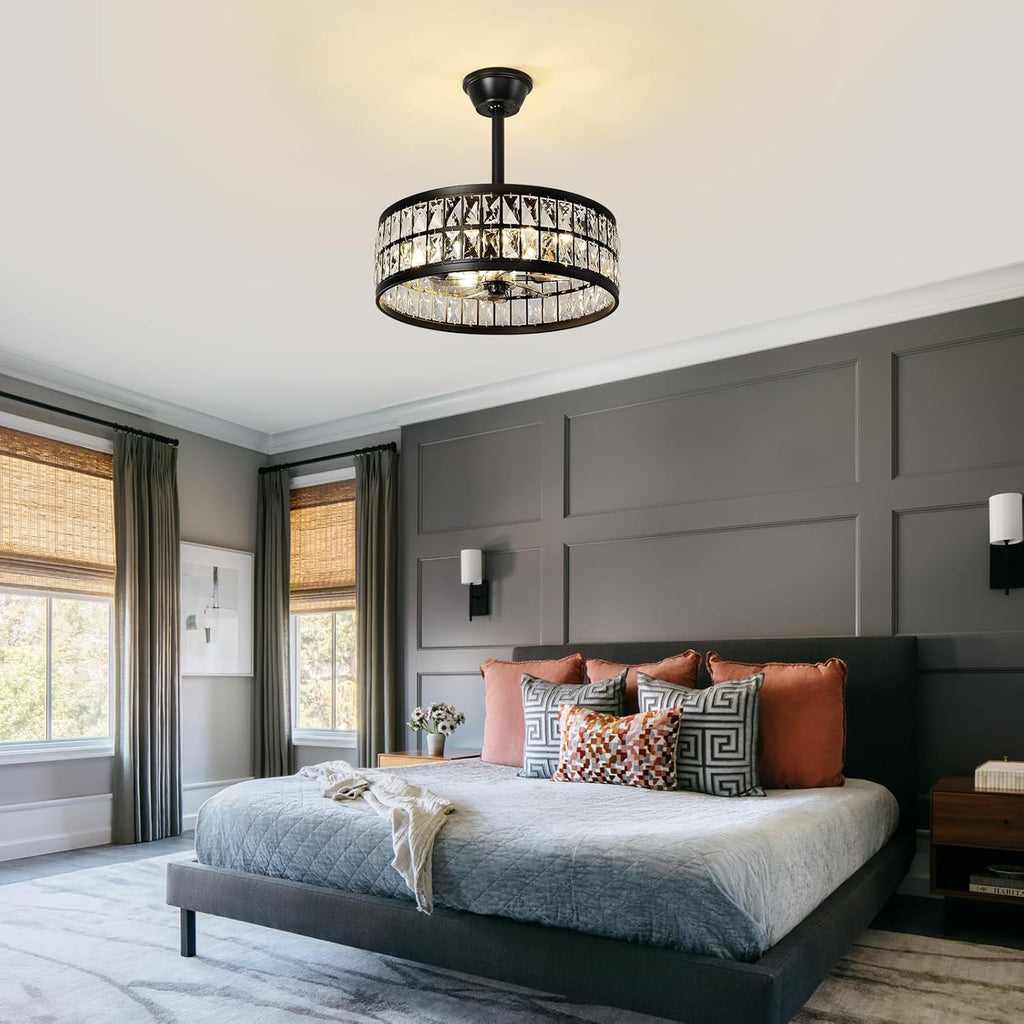 Black Caged Ceiling Fan with Light and Remote 19 Inch Modern Crystal Fandelier Ceiling Fan with Light Semi Flush