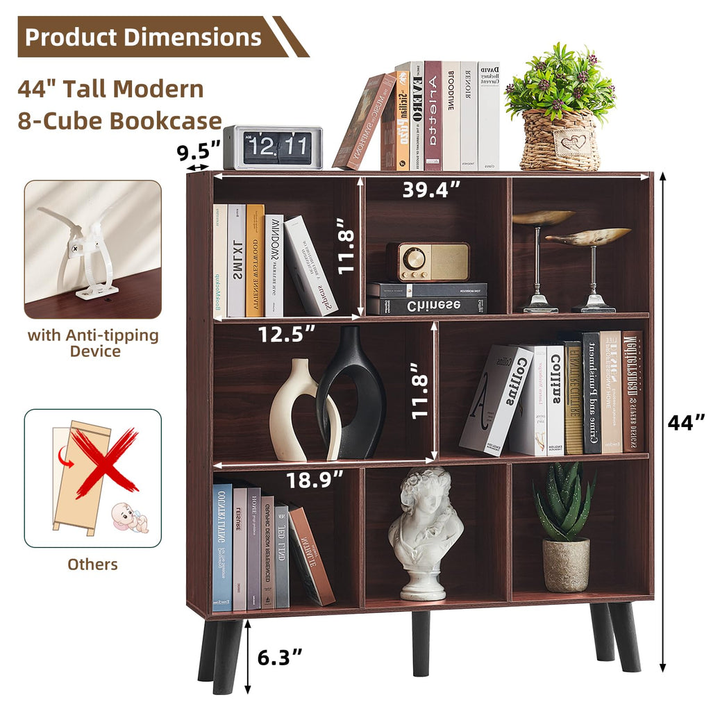 8 Cube Bookshelf, Mid-Century Modern Book Shelf with Legs, Walnut