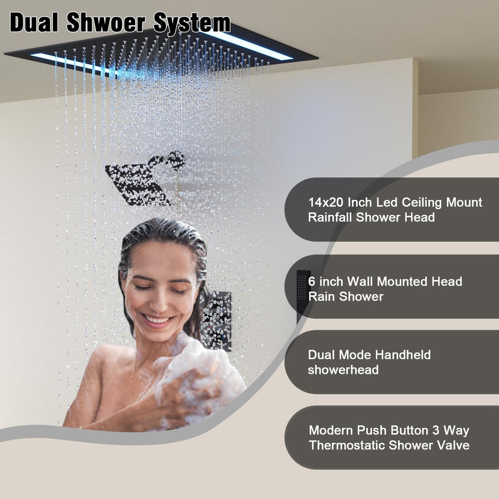 Dual Rain Shower Head System Faucet Set Ceiling Mount 14x20 Inch LED Head with 6 Inch Wall Head and Handheld Shower