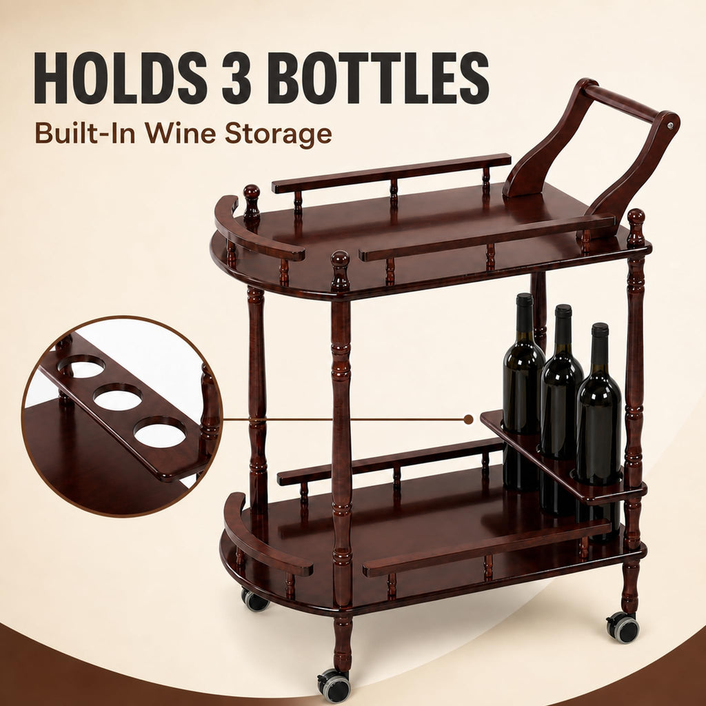 Entertainment Kitchen Cart, Midcentury Modern Imported rubberwood Brown Finished Wood 2-Tier Mobile Bar Cart Serving