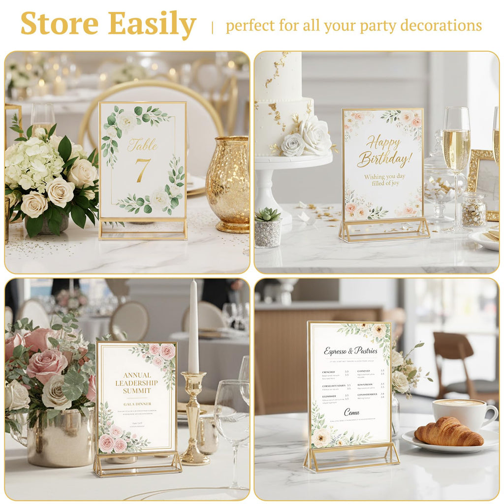 6 Pack Acrylic Sign Holder 5 x 7, Double Sided Gold Picture Frame Stand up Table Top Sign Holders, Clear Display
