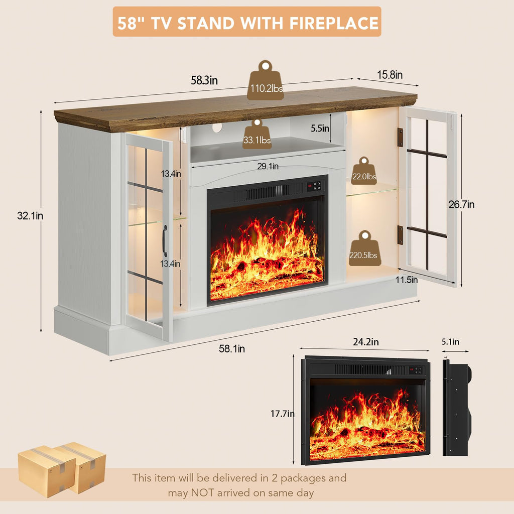 2-in-1 Multifunctional Fireplace TV Stand with 23" Removable Electric Fireplace, 58" Farmhouse Entertainment Center