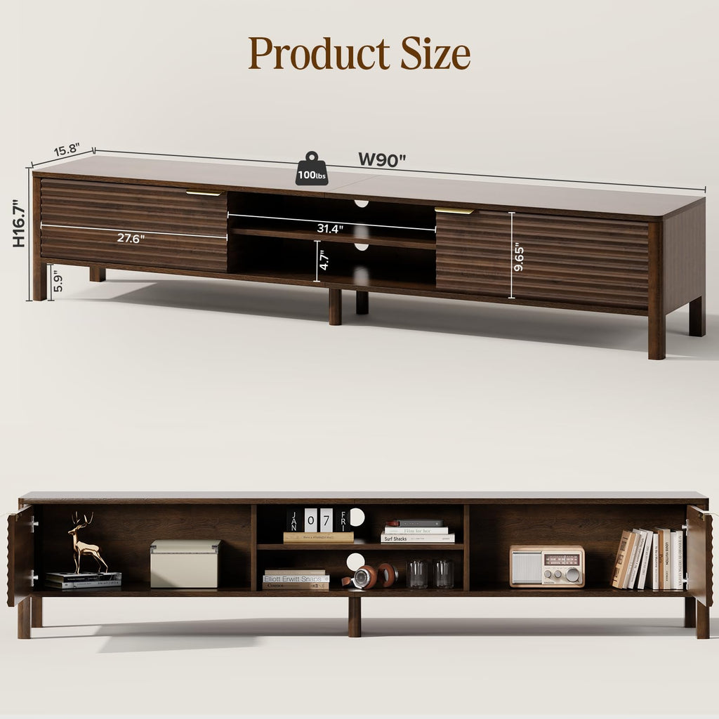TV Stand up to 95 Inch TVs Entertainment Center Walnut 90"