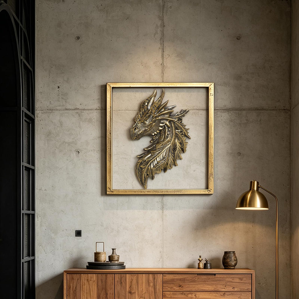 Gold Dragon Head Wall Decor with Metal Frame, Resin Fantasy Dragon Wall Hanging Sculpture, Retro Mythical Animal Head