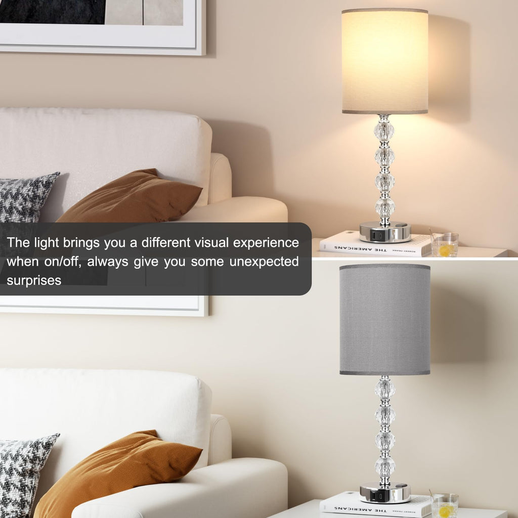 Touch Bedside Crystal Lamps s Nightstand with USB C+A Charging Port and AC Outlet White, 3 Way Dimmable Silver Large