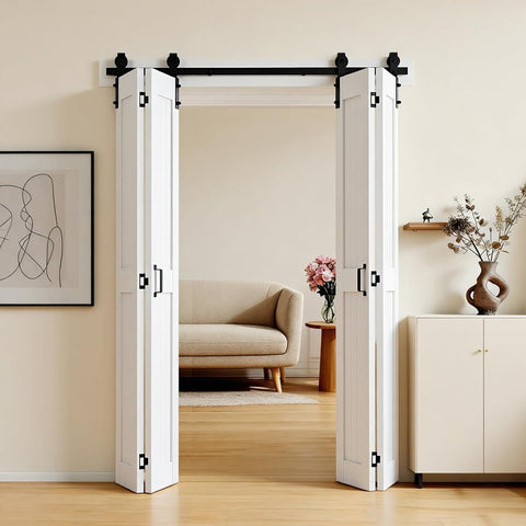 Bifold Barn Door, 48" x 84", MDF Bi-Fold Sliding Closet Doors, Header Board and Hardware Kit Include