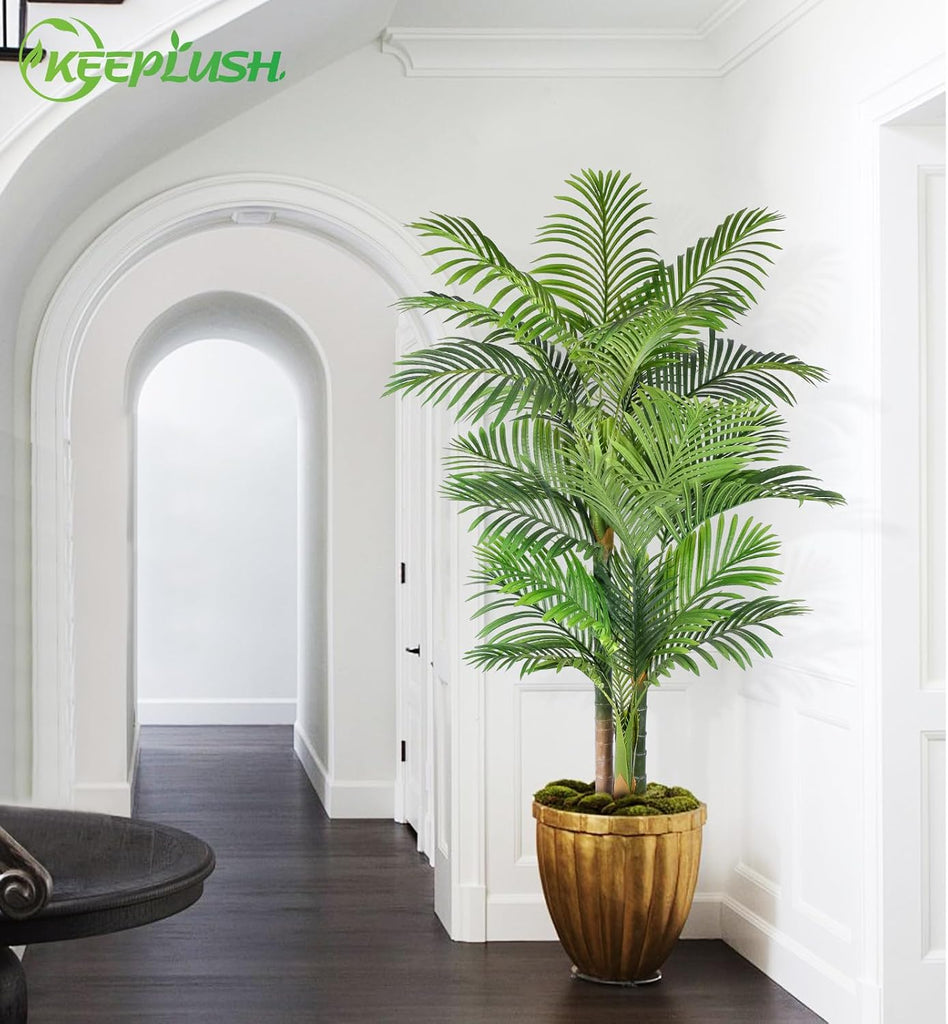 6ft Tall Triple Golden Cane Palm Artificial Tree 72inch Large Tropical Palm Tree UV Resistant Fake Plant in Pot - Set of 2
