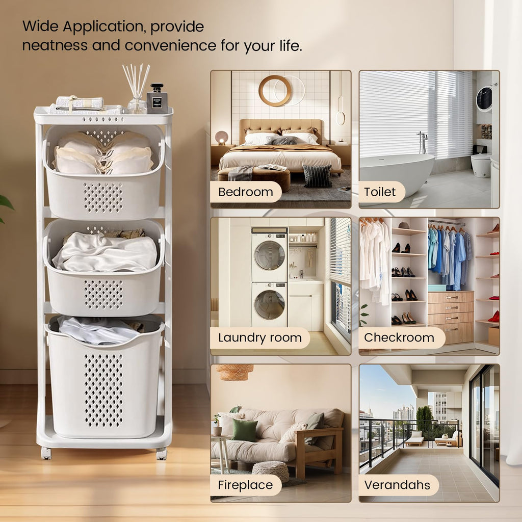 Rolling Laundry Hamper Cart with Wheels, 3 Tier Laundry Baskets
