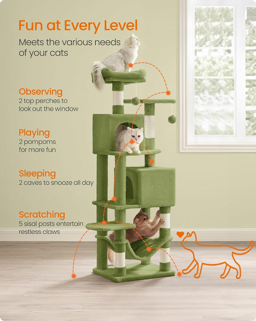 Cat Tree, 59.5-Inch Tall Cat Tower, Multi-Level Condo, Grass Green