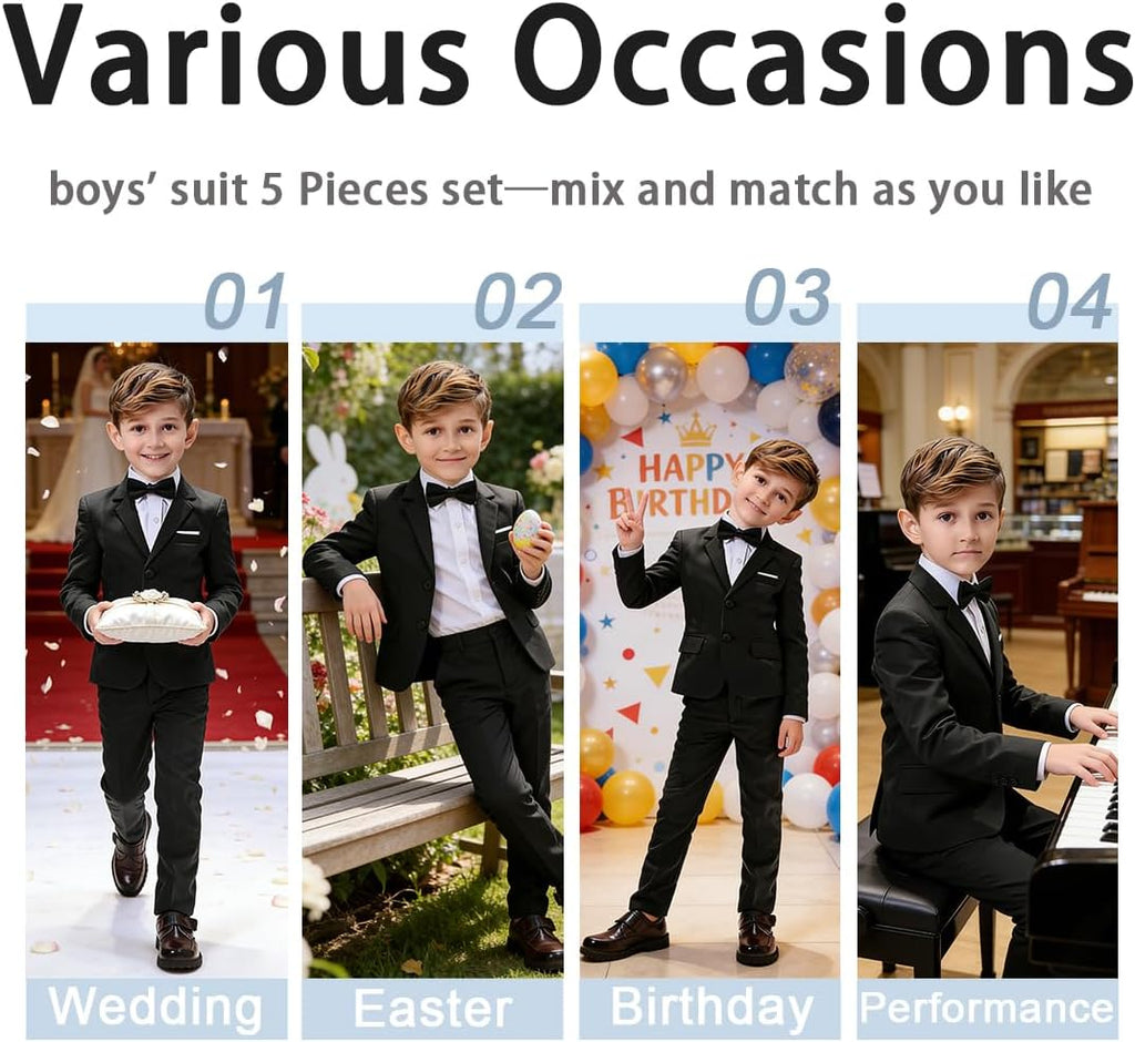 Boys Formal Suits 5 Pieces Slim Fit Toddler Tuxedo with Adjustable Waist