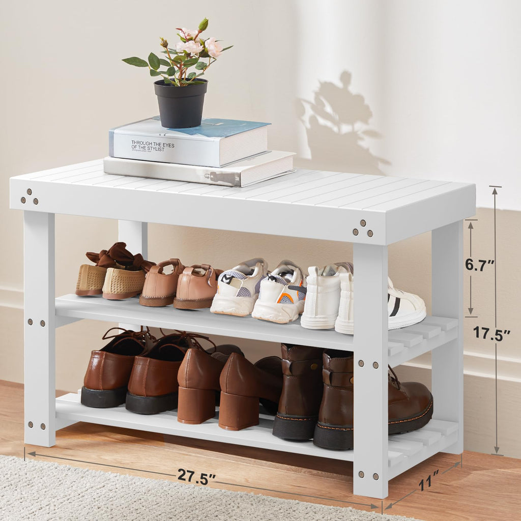 3 Tier Bamboo Shoe Rack Bench, White