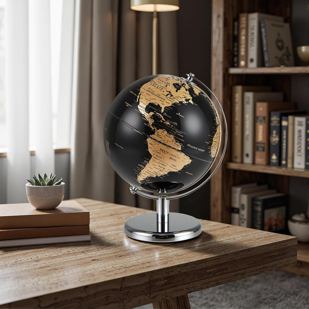 8" World Globe, Black Earth Globe with Gold Accents, Metal Stand, Non-slip Base & Time Zone, Decorative Tabletop Desk