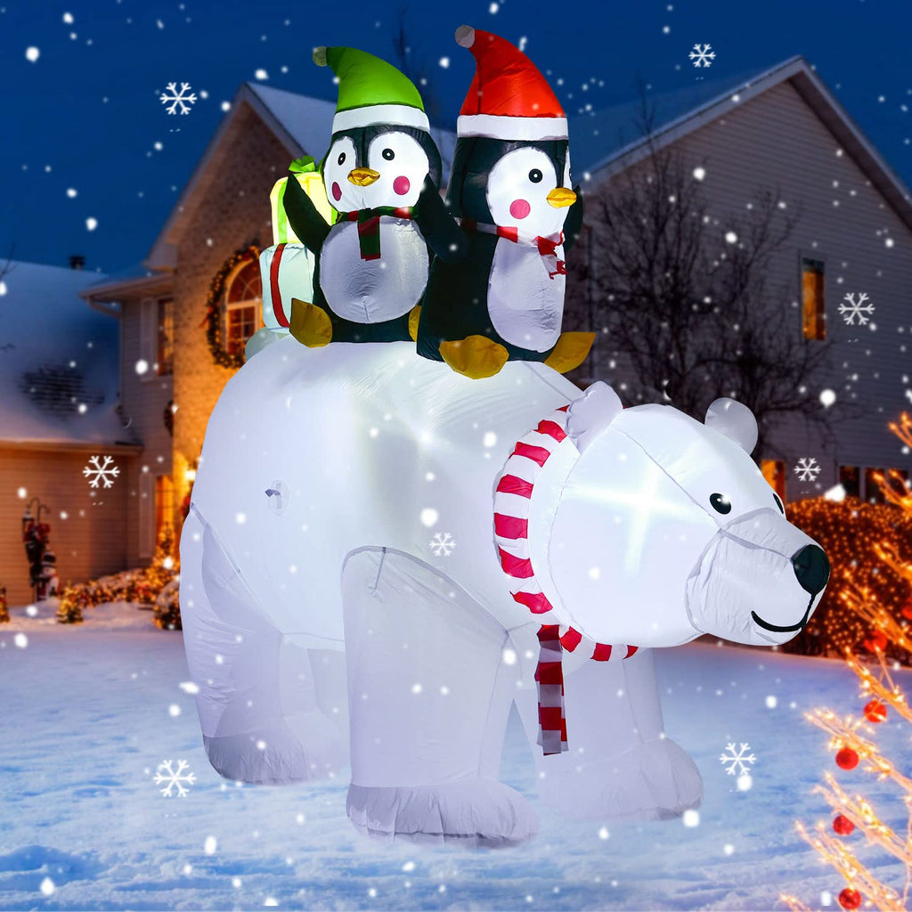 Lighted Inflatable Polar Bear Christmas Outdoor Decoration Clearance - 7ft Blow Up Polar Bear with Santa Penguin and