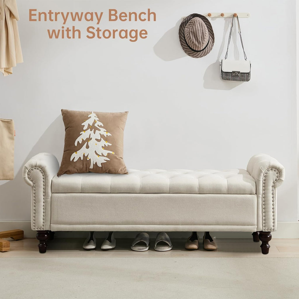 King Size 58'' End of Bed Storage Bench with Tufted Button & Rolled Arms | Linen Storage Ottoman Bed Benches Large