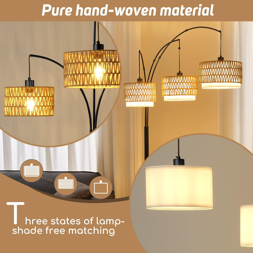 3-Light Arc Rattan Floor Lamp, 80'' Boho Tree Lamp