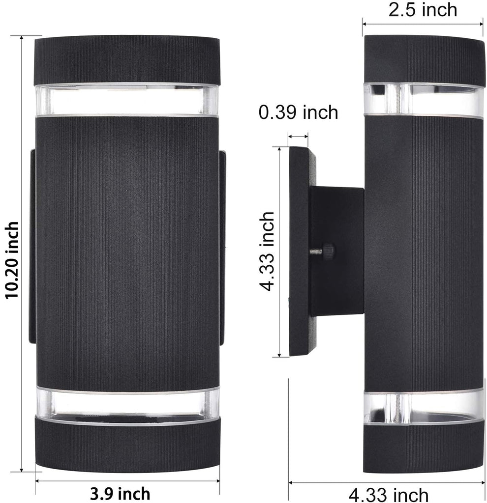 Dusk to Dawn Outdoor Wall Lights 2 Pack, Modern Exterior Lighting Fixtures Cylinder, Black Up and Down Lights, 5000K