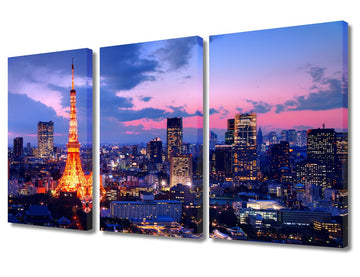 Canvas Wall 3 Piece Tokyo Tower Wall Home Decor Artwork Cityscape Skyline Poster Framed Bedroom Bathroom Decor(36"