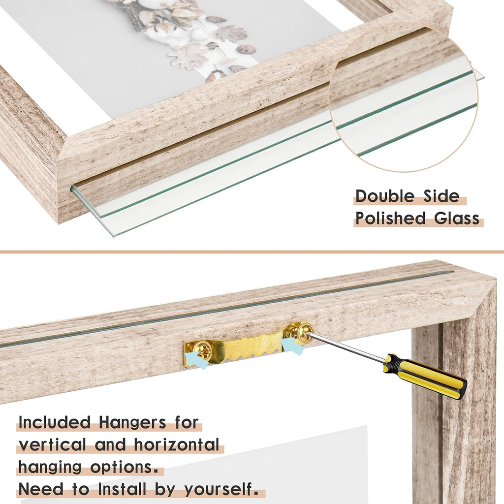11x14 Floating Frames Distressed Beige White Wood Pattern,Double Glass Picture Frame Set of 2 Display Any Size Photo