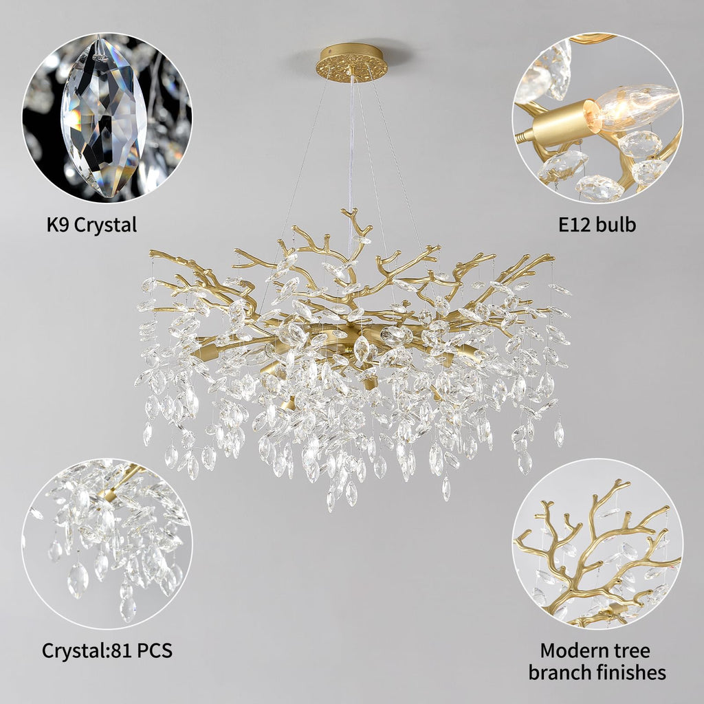 Gold Tree Branch Chandelier 32" 10-Light Modern Crystal Light Fixture