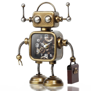 Industrial Steampunk Robot Table Clock, Battery Operated Handcrafted Metal Desk&Shelf Clock, Retro Mechanical